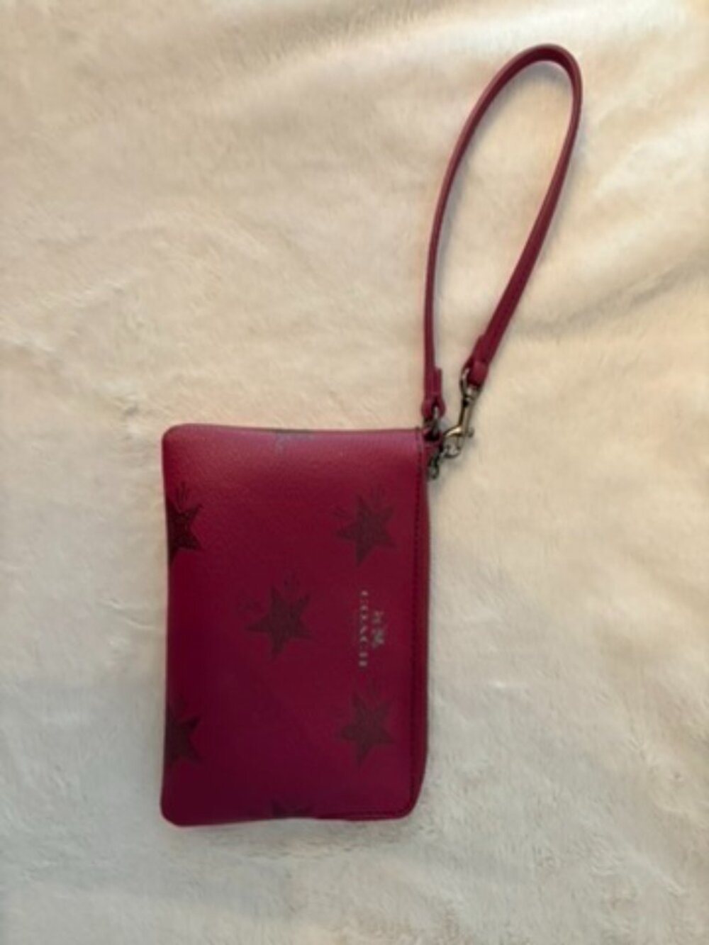 Raspberry Star Printed Leather Coach Wristlet